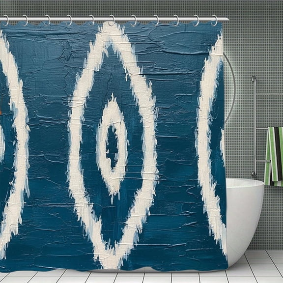 Abstract Blue And Aqua Ikat Bukhara Print Shower Curtain,Modern Fabric Waterproof Shower Curtain Set with Hooks 70.8×70.8Inch (180×180cm)