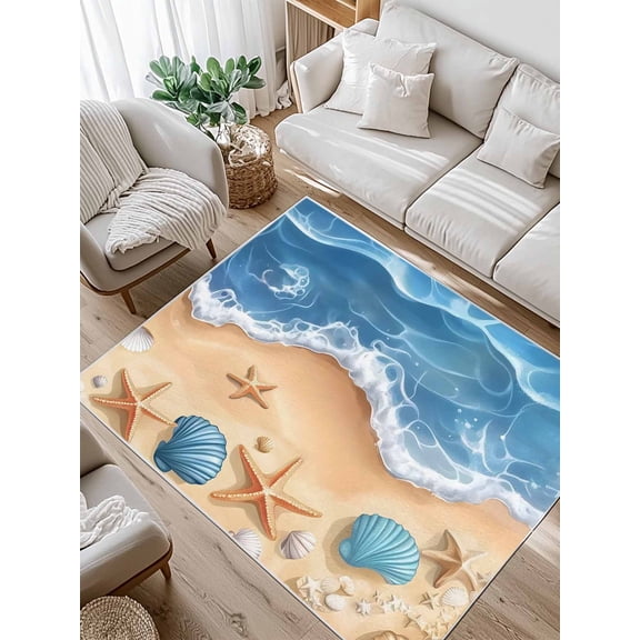 Abstract Blue Area Rug for Bedroom 4x6 Ft Beach Starfish Seashell Sand Ocean Waves Super Soft fuzzy Throw Rug Non-Slip Fluffy Plush Indoor Floor Carpet for Living Room Nursery Home Decor