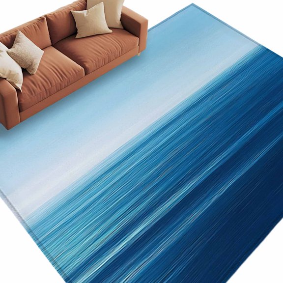 Abstract Blue Area Rug 8x10ft Sea Gradient Horizon Waves Blue Sky Scenery Non-Slip Washable Square Rugs Soft Felt Indoor Floor Mat for Bedroom Kitchen Living Room Bathroom