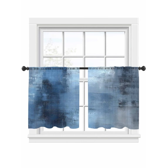Abstract Blue Art Sheer Curtains 45 inches Long 2 Panels Set Retro Gradient Blue Watercolor Tiers Sheers Rod Pocket Small Window Short Curtains for Kitchen Cafe, Each 52" W x 45" L