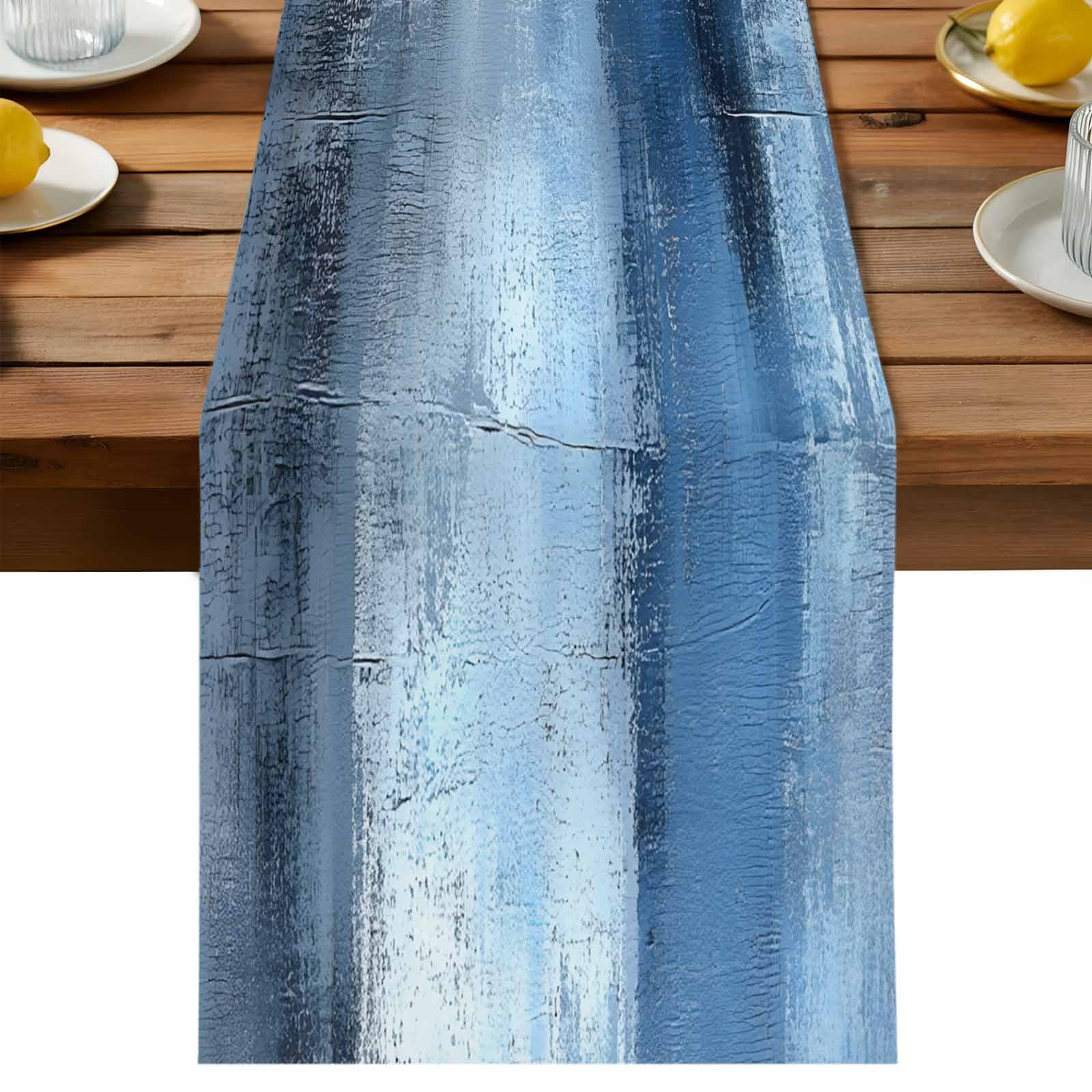 Abstract Blue Art Table Runner, Retro Gradient Blue Watercolor Cotton ...