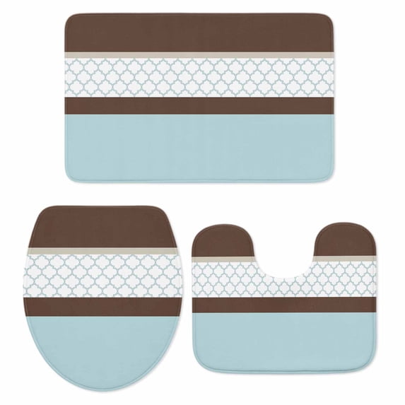 Abstract Blue Bathroom Rugs Set Brown Stripes Moroccan Geometric Modern ...