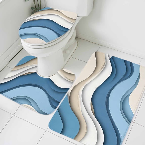 Abstract Blue Bathroom Rugs Set Brown Water Ripple Ombre Wave Stripe ...