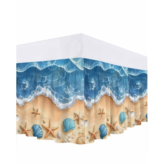 Abstract Blue Bed Skirt California King Size 18" Drop Beach Starfish Seashell Sand Ocean Waves Ruffled Wrap Around Bed Skirts Adjustable Elastic Bedskirt Dust Ruffle for California King Size Bed