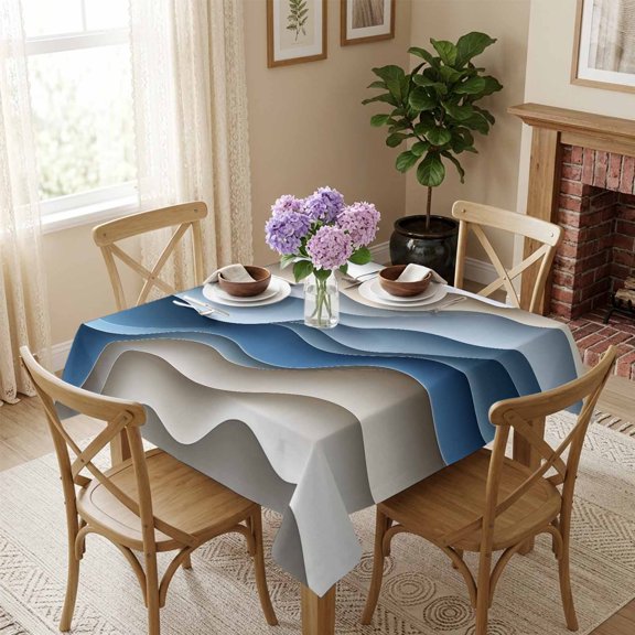 Abstract Blue Beige Wave Square Tablecloth 54x54 Inch Beach Ocean Waterproof Polyester Tablecloth for Dining Table, Washable Table Cover for Kitchen Dining Room Wedding Decoration,Stain Resistant