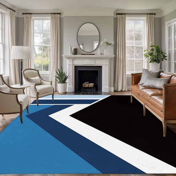 Abstract Blue Black Area Rugs 5'x7', Washable Small Throw Rugs for Laundry Room Playroom, Modern Geometric Color Blocks Indoor Outdoor Rug Non-Slip Low Pile Carpet Runner Reversible Floor Mats