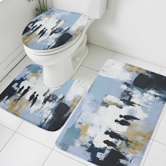 Abstract Blue Black Bathroom Rugs Set Modern Oil Painting Art Non Slip ...
