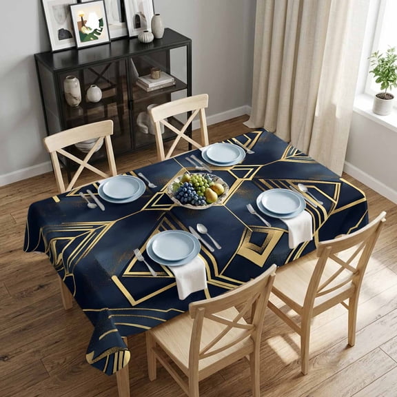 Abstract Blue Black Gold Geometric Rectangle Tablecloth 52x70 Inch Modern Waterproof Polyester Tablecloth for Dining Table, Washable Table Cover for Kitchen Dining Room Decoration,Stain Resistant