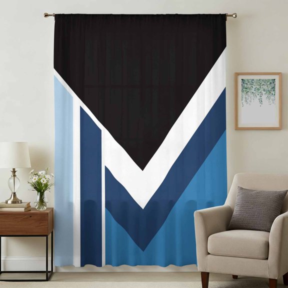 Abstract Blue Black Sheer Curtains 108" Extra Long for Living Room, Modern Geometric Color Blocks Light Filtering Privacy Drapes, Breathable Semi Sheer Window Treatment for Floor to Ceiling Window