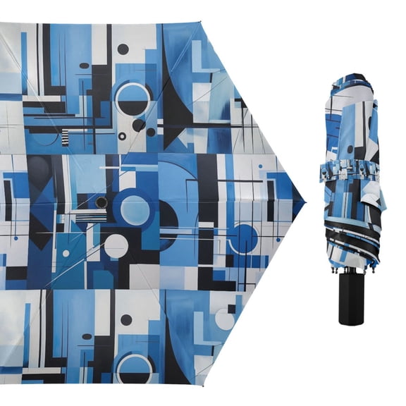 Abstract Blue Black White Painting Compact Sun Umbrella Windproof Travel Umbrellas for Rain Strong Portable UV Protection