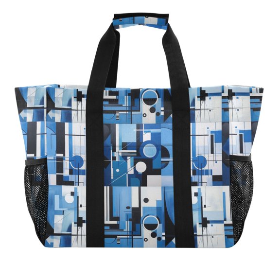 Abstract Blue Black White Painting Reusable Grocery Bags with Handle Side Pocket Waterproof Shopping Portable Tote