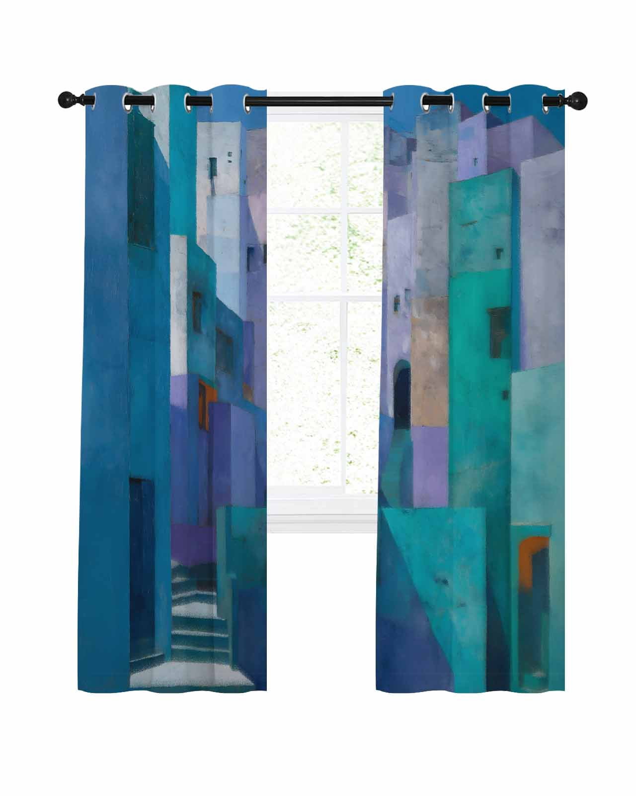 Abstract Blue Blackout Curtains 63 Inches Length, Painting Buildings ...