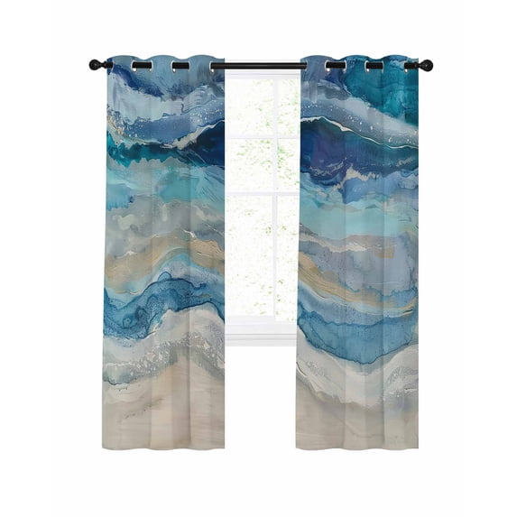 Abstract Blue Blackout Curtains for Bedroom Living Room, Gradient Beach Ocean Wave Oil Painting 96 In Long Thermal Insulated Room Darkening Drapes Grommet Window Treatments, 52 x 96 In