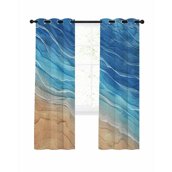 Abstract Blue Blackout Curtains for Bedroom Living Room, Ocean Beach Waves Lines Gradient 72 In Long Thermal Insulated Room Darkening Drapes Grommet Window Treatments, 52 x 72 In