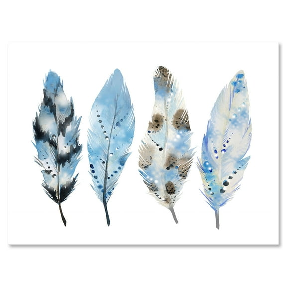 Abstract Blue Boho Feathers I 8 in x 12 in Painting Canvas Art Print, by Designart