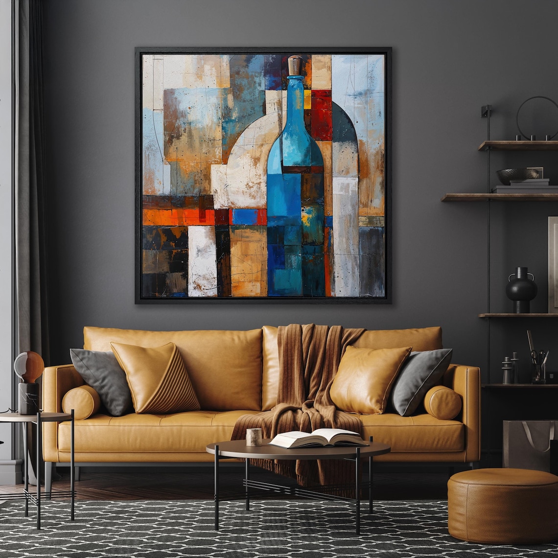 Abstract Blue Bottle Poster Wall Art Geometric Art Cubist Wine Wall Art ...