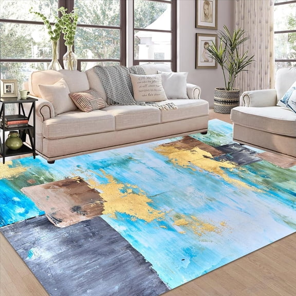 Abstract Blue Brown Gold Area Rug, Modern Design Carpet, Washable Non Slip Soft Pile, Living Room Bedroom Dining Room Office Kitchen Hallway Mat 2x3ft