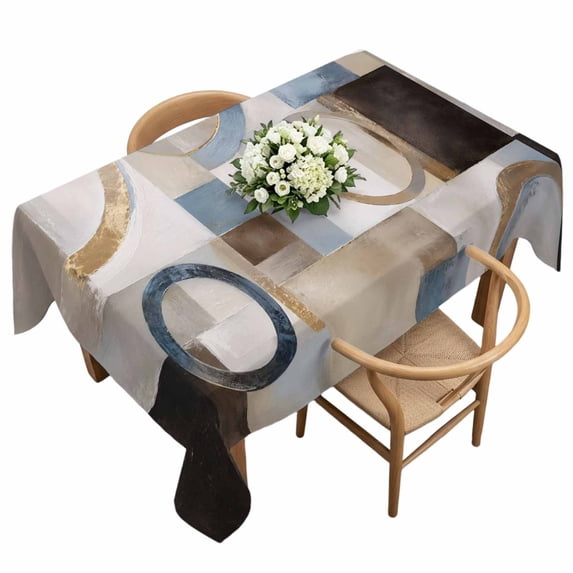 Abstract Blue Brown Rectangle Tablecloth, Vintage Geometric Color Blocks Waterproof & StainResistant Tablecloth, Washable Oil-proof Table Cover for Dining/Party/Wedding/Camping/Buffet 60x120 In