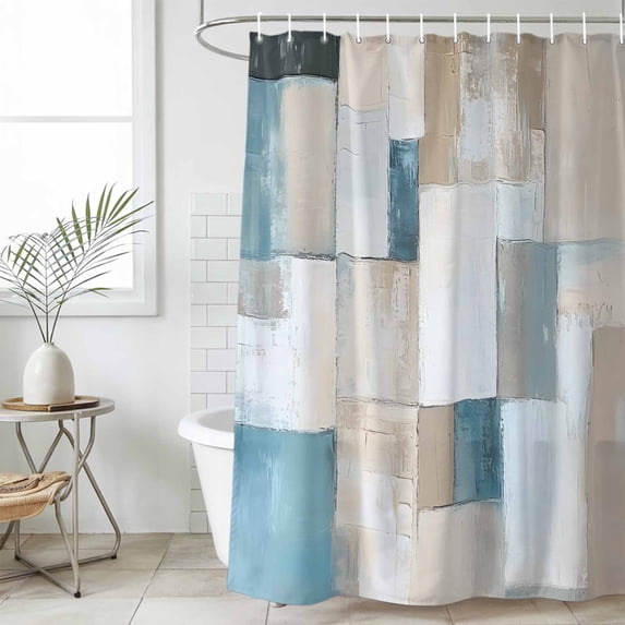 Abstract Blue Brown Shower Curtain Set, Waterproof Shower Curtains for Bathroom, Oil Painting Simple Color Blocks Washable Fabric Cloth Bath Curtain for Bathtub Decoration with Hooks 60x72 Inches