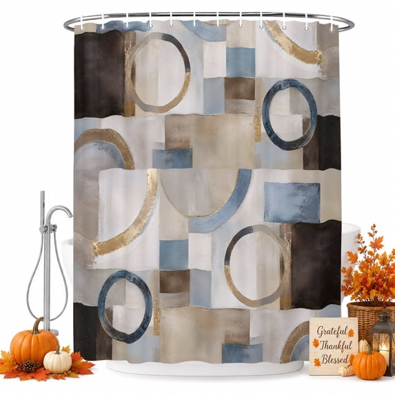 Abstract Blue Brown Shower Curtain, Waterproof Shower Curtains for Bathroom, Vintage Geometric Color Blocks Washable Fabric Bathtub Curtain Set Bath Decor with 12 Hooks Stall 36"x72"