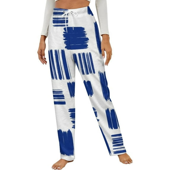 Abstract Blue Brush Stroke Pattern Winter Female Pants Flannel High Waist Women Pants Lady Warm Straight Leg Plush Trousers