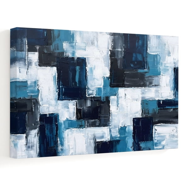Abstract Blue Canvas Wall Art 10" x 8" Black White Color Block Geometric Oil Painting Frame Picture Prints, Ready to Hang Waterproof Artwork Decor for Bathroom, Kitchen Small Wall Spaces