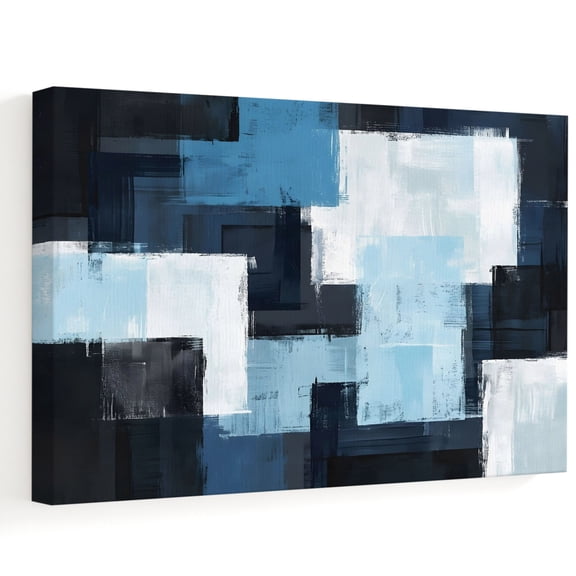 Abstract Blue Canvas Wall Art 10" x 8" White Black Color Block Geometric Oil Painting Frame Picture Prints, Ready to Hang Waterproof Artwork Decor for Bathroom, Kitchen Small Wall Spaces