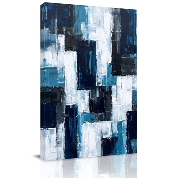 Abstract Blue Canvas Wall Art for Living Room, Black White Color Block Geometric Oil Painting Poster Print Painting for Bedroom Office Home Decoration Wall Pictures Prepare To Hang 24"x32"