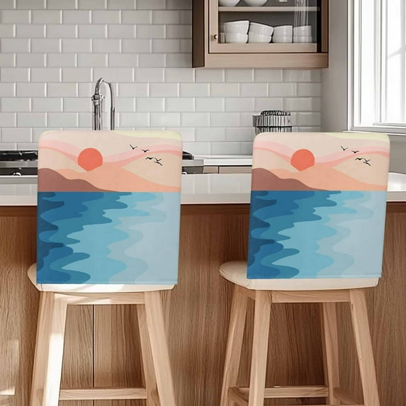 Abstract Blue Chair Covers Set of 4 Ocean Pink Mountain Sun at Sunset Chair Back Covers Stretch Removable Washable Slipcovers Protector for Dining Room Kitchen Party Decor