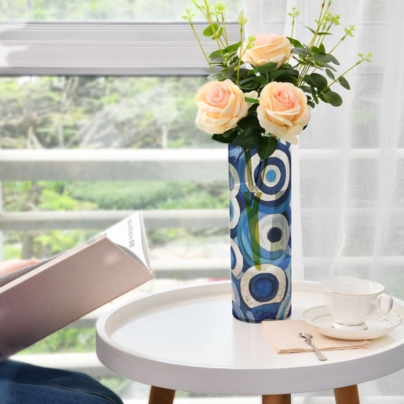 Abstract Blue Circular Pattern Plastic Vase 11.8'' x 3.9'' Transparent Non Breakable Decorative for Family