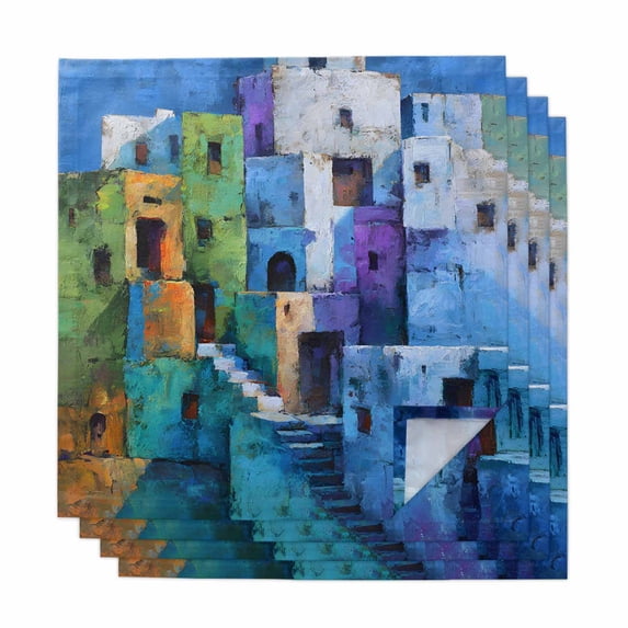 Abstract Blue Cloth Napkins, Painting Buildings Geometric Modern Art Washable and Reusable Dinner Napkins Set of 4, Table Napkin for Kitchen Party Birthday Wedding Hotel Housewarming 20"x20"