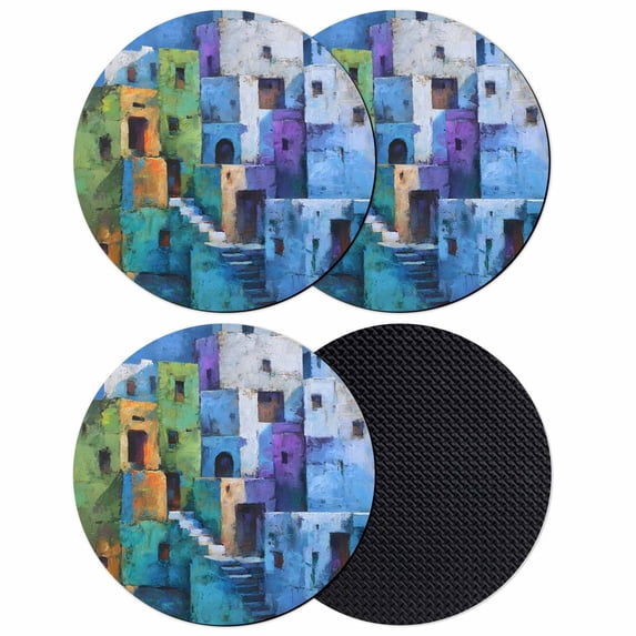 Abstract Blue Coasters Set of 4, Absorbent Coasters for Drinks, Painting Buildings Geometric Modern Art Coaster for Desk Coffee Table Protection, Home Decor House Warming Gifts 4"