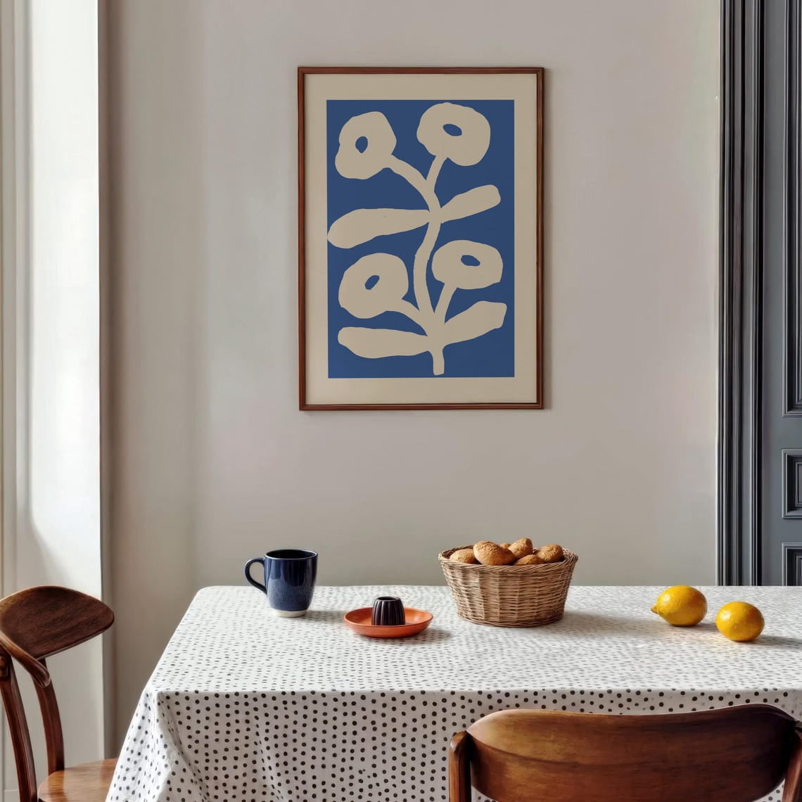 View of Abstract Blue Cream Botanical Art Poster Modern Minimalist Plant Wall ...
