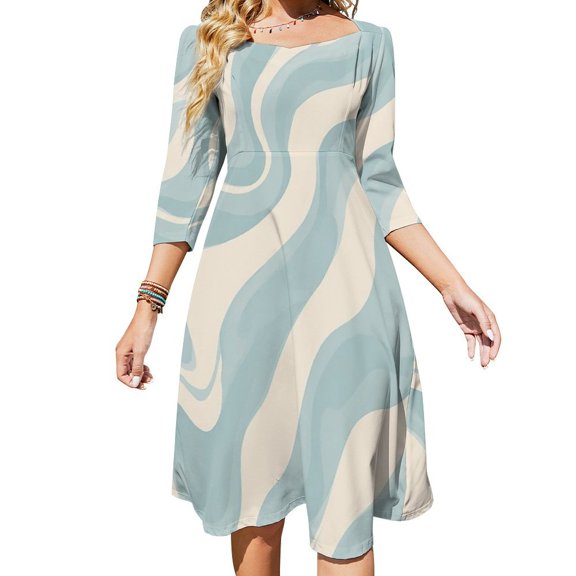 Abstract Blue Cream Wavy Pattern Flare Dress Square Neck Dress Elegant Female Fashion Printed Dress