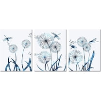 Abstract Blue Dandelion with Dragonfly Canvas Wall Art Decor Flowers Still Life Painting Prints Ready to Hang for Modern Living Room Bedroom Office Decoration