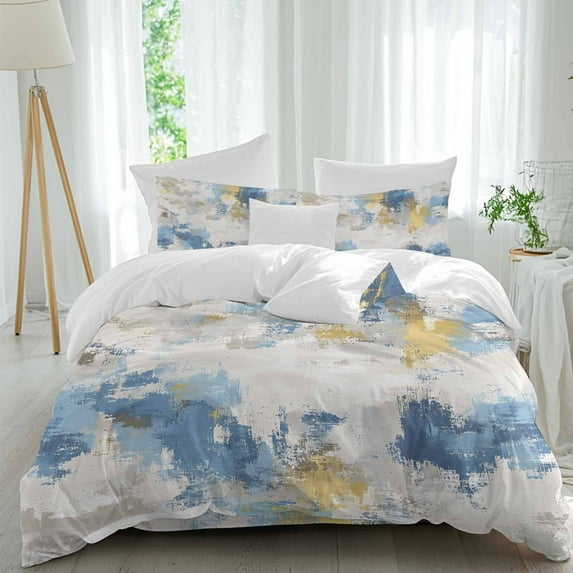 Abstract Blue Duvet Cover Set Full Size, Gray Yellow Mottled Texture Modern Art 4 Piece Soft Microfiber Bedding Set with 1 Duvet Cover, 1 Flat Sheet, 2 Pillowcases