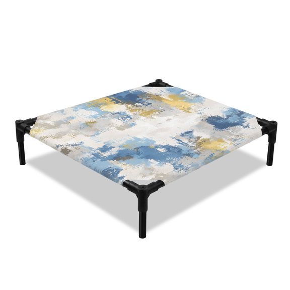 Abstract Blue Elevated Dog Bed, Gray Yellow Mottled Texture Modern Art Cooling Breathable Outdoor Raised Dog Cot Bed with Metal Frame Non-Slip Feet for Small Dog 20x20in