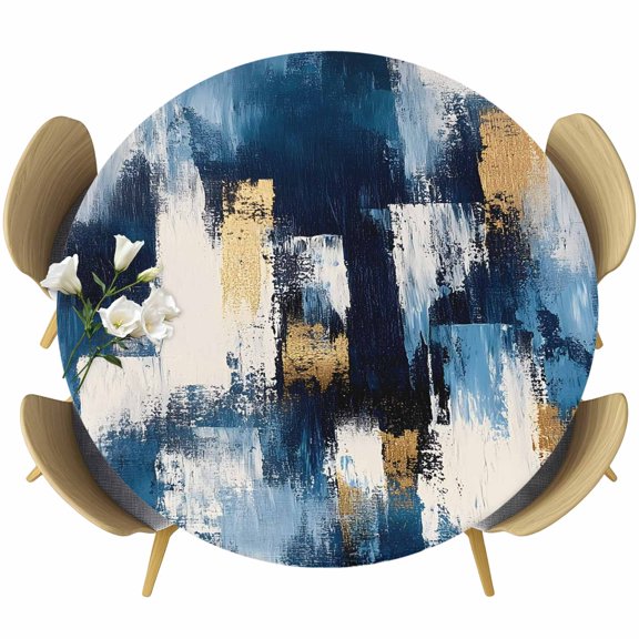 Abstract Blue Fitted Tablecloth with Elastic Edged, Round Table Cloth for Dining Table, Splatter Foil Painting Grunge Modern Art Waterproof Oil Proof Table Cover for Indoor Outdoor 36"-44"