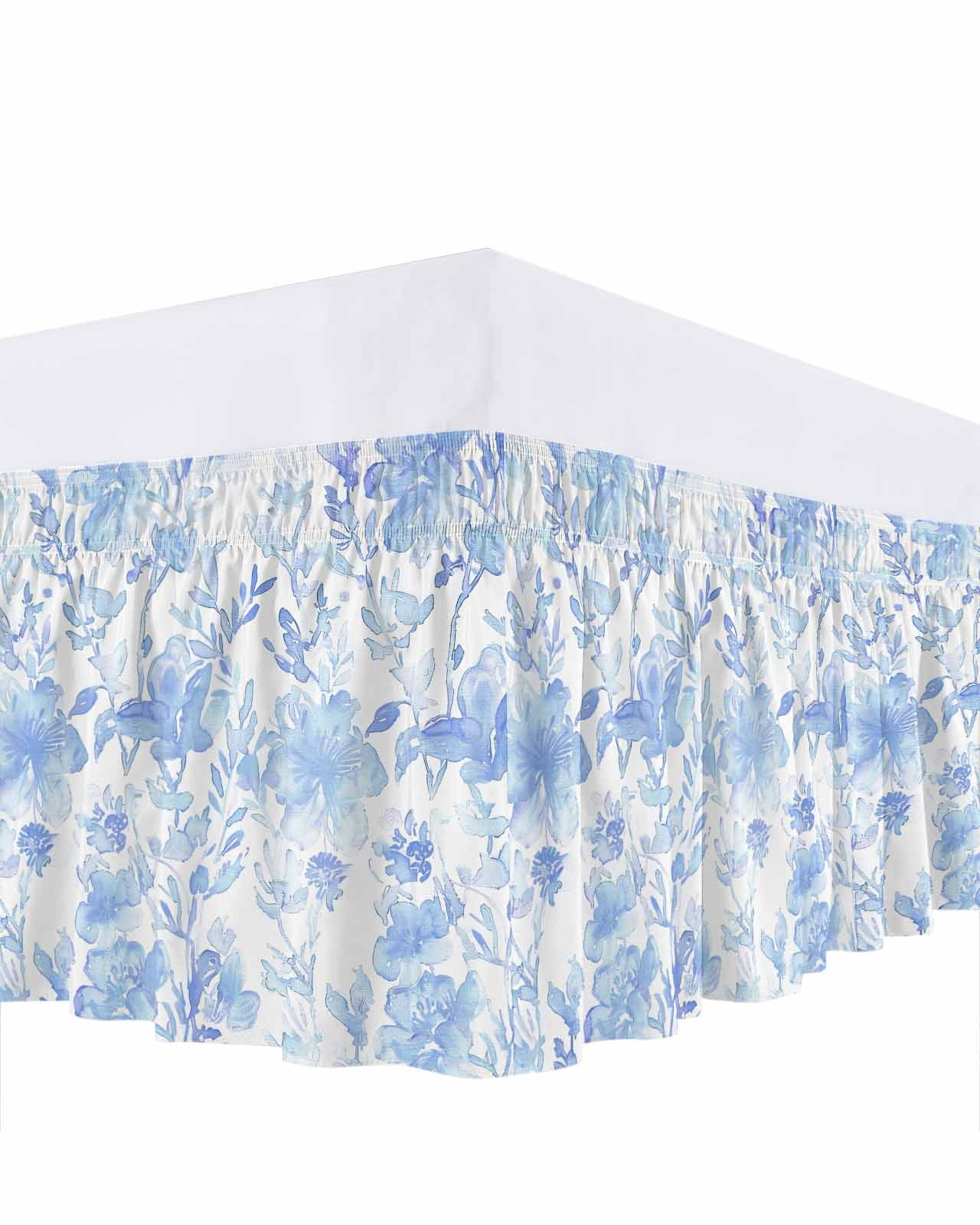 Abstract Blue Floral Bed Skirt Watercolor Plants Flowers Leaf Bed Skirts Queen Size 16 Inch Drop, Wrap Around Dust Ruffle&nbsp;Bedskirt with Adjustable Elastic Belt for Queen Size Beds