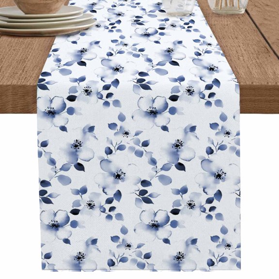 Abstract Blue Flower Leaves Table Runner-70 Inch Long Watercolor Floral Table Runners Linen Burlap Tablerunner for Kitchen Dining Room Holiday Party
