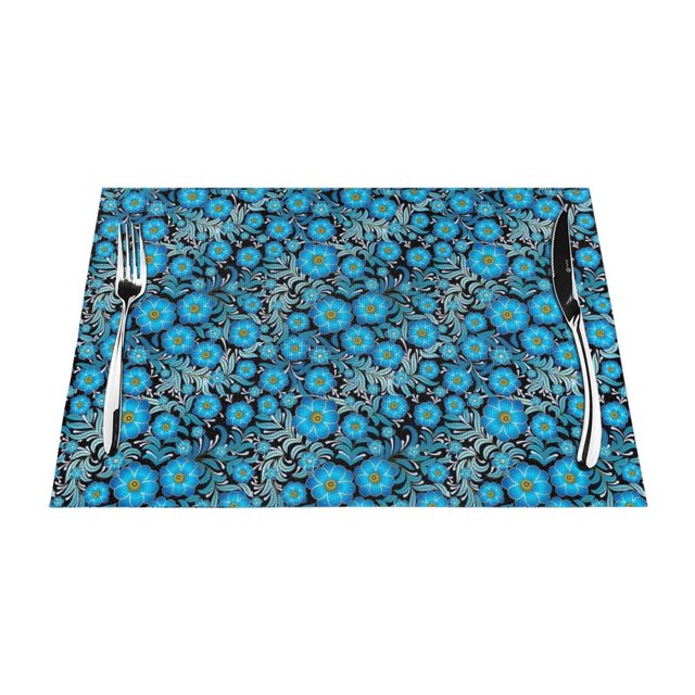 Abstract Blue Flower Pattern PVC Woven Placemats Insulated Placemats Table Protectors 18x12 inch