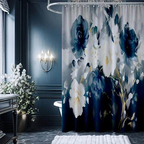 Abstract Blue Flower Shower Curtain, Pretty Floral Painting Printed Shower Curtain Waterproof Fabric Modern Bathroom Art Decor 72x72 Inches Machine Washable