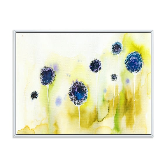 Abstract Blue Flowers In The Meadow 32 in x 24 in Framed Painting Canvas Art Print, by Designart