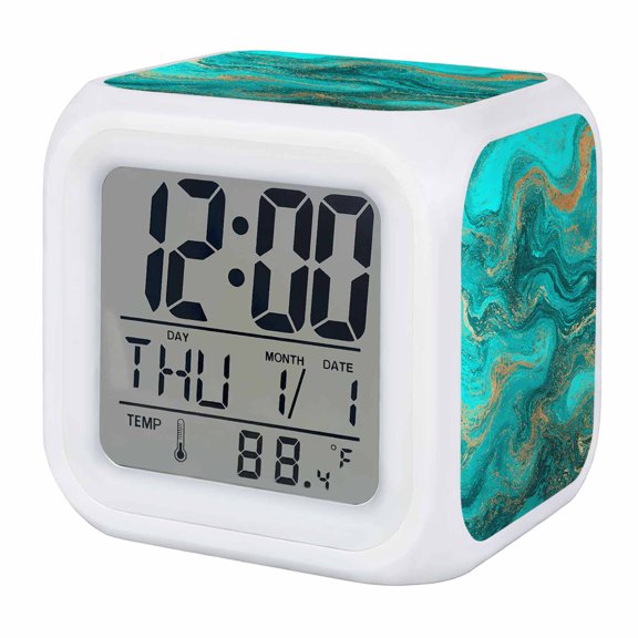Abstract Blue Fluid Alarm Clock, Vintage Gold Green Marble Texture Digital Clock Night Light with 7 Color, Calendar Temperature Display, LED Desk Small Clock for Bedrooms Bedside Living Room