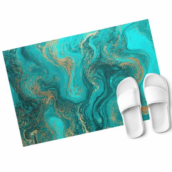 Abstract Blue Fluid Door Mat Vintage Gold Green Marble Texture Non Slip Absorbent Entrance Mat Washable Low Profile Indoor Doormat for Front Door Entryway Entry 18"x30"