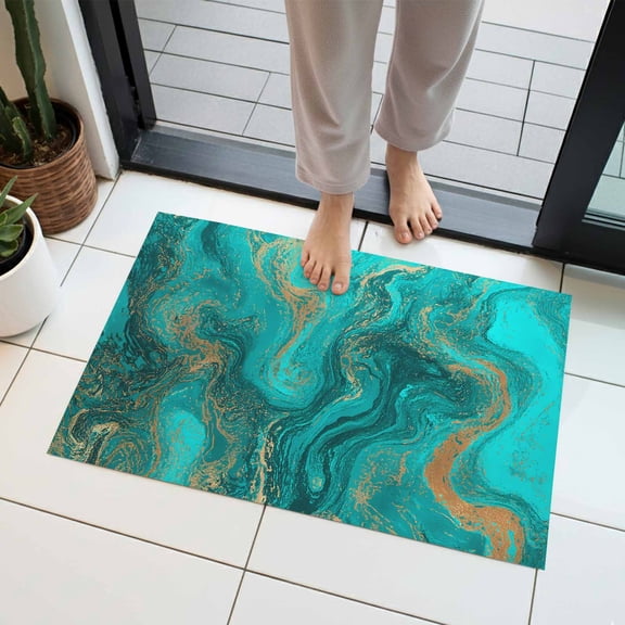 Abstract Blue Fluid Indoor Door Mat 16x24 Inch Vintage Gold Green Marble Texture Front Door Mat Non Slip Washable Entryway Rug Low Profile Dirt Trapper Doormat for Bathroom Kitchen Bedroom