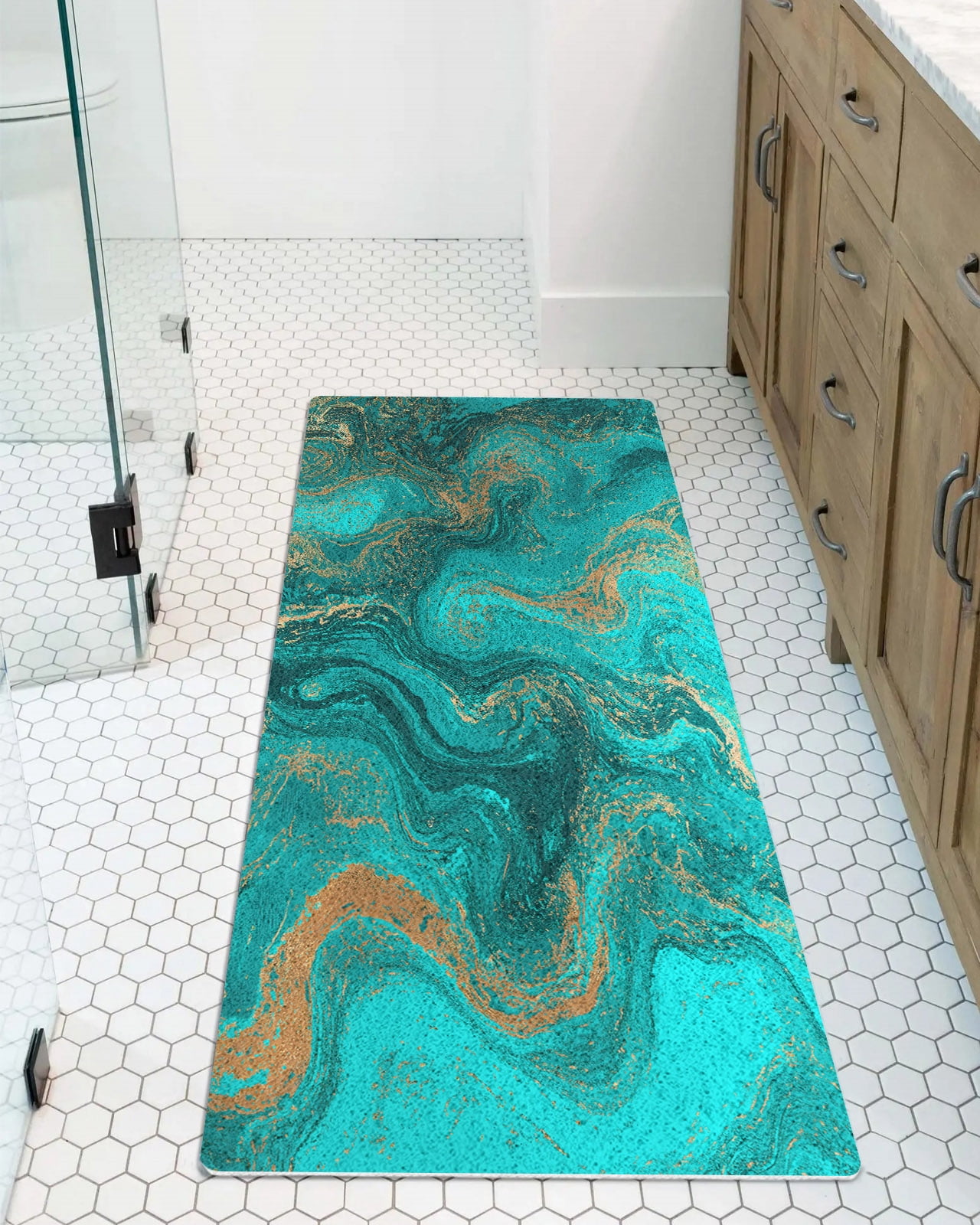Abstract Blue Fluid Non-Slip Bathtub Mat, Vintage Gold Green Marble ...