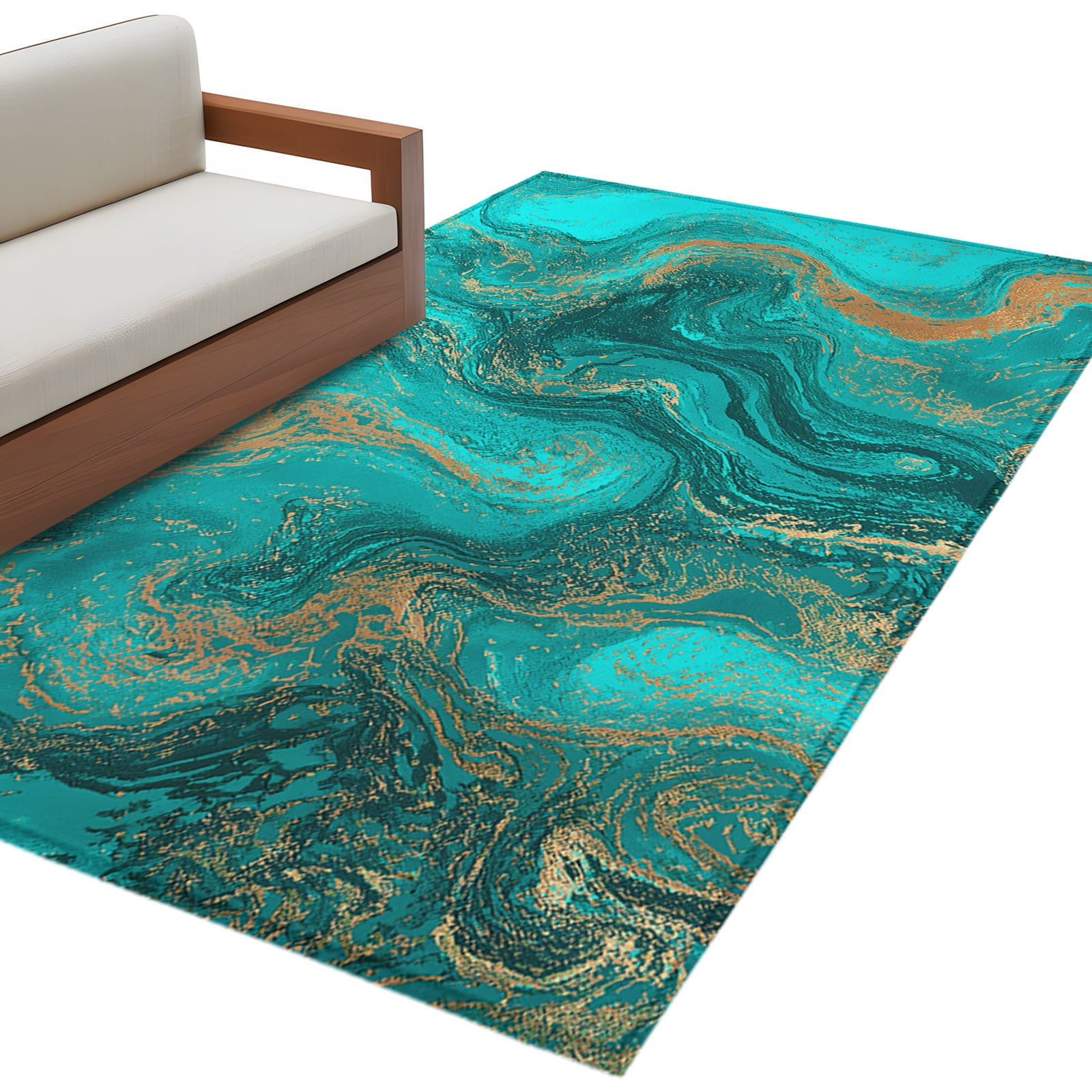 Abstract Blue Fluid Rectangle Area Rug 4x6ft Vintage Gold Green Marble ...