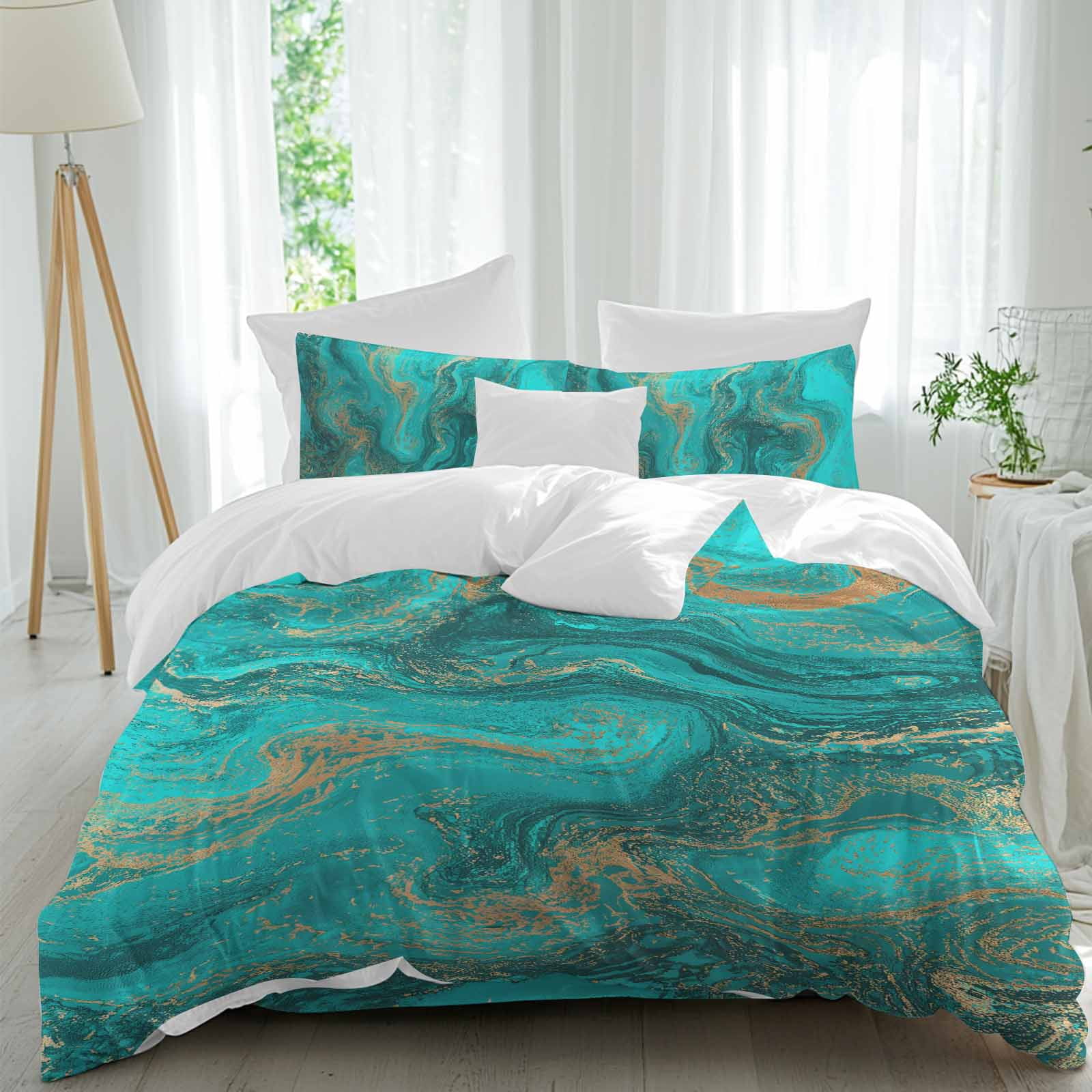 Abstract Blue Fluid Twin Duvet Cover Set, Vintage Gold Green Marble ...