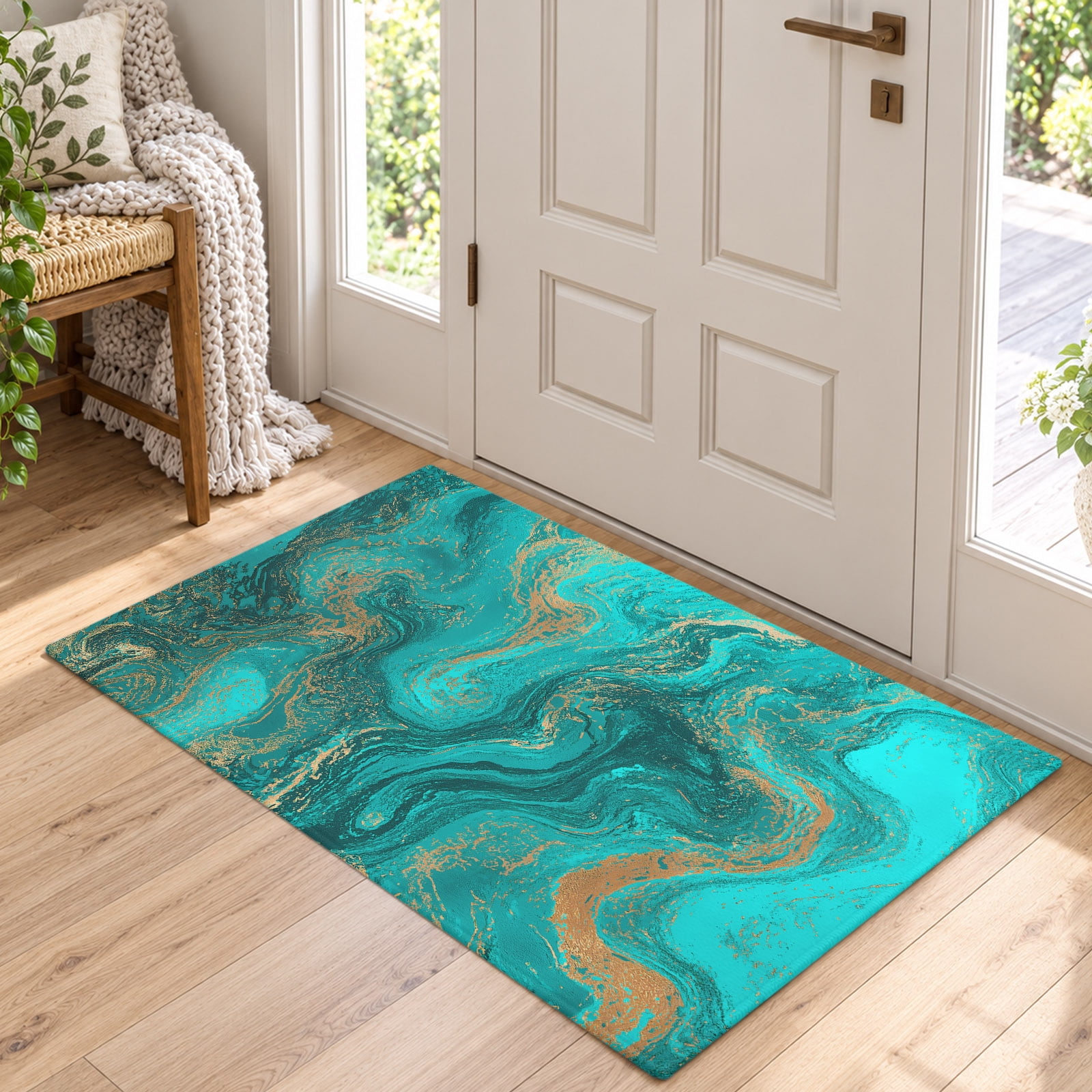 Abstract Blue Fluid Washable 2x3 Entryway Rug, Ultra-Thin Vintage Gold ...
